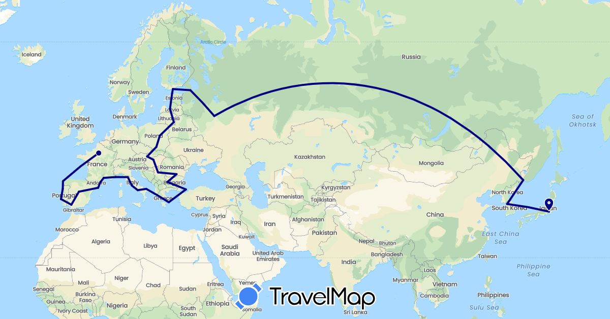 TravelMap itinerary: driving in Bulgaria, Estonia, Spain, Finland, France, Greece, Hungary, Italy, Japan, South Korea, Lithuania, Latvia, Poland, Portugal, Romania, Serbia, Russia, Slovakia, Turkey (Asia, Europe)